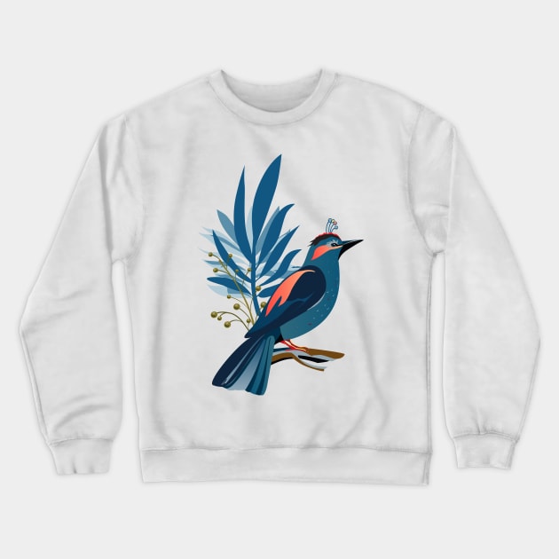 Vintage decorative tropical flowers and exotic blue bird, floral Art trendy design Holiday decoration Boho chic Crewneck Sweatshirt by sofiartmedia